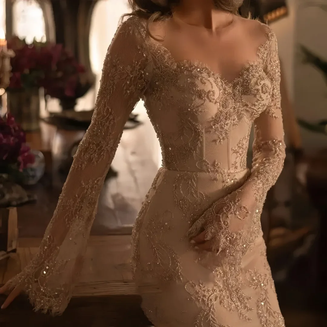 Abiti da sposa Mermeaid champagne in pizzo squisito personalizzato per le donne Maniche lunghe trasparenti Perline Abiti da sposa Vestido De Novia