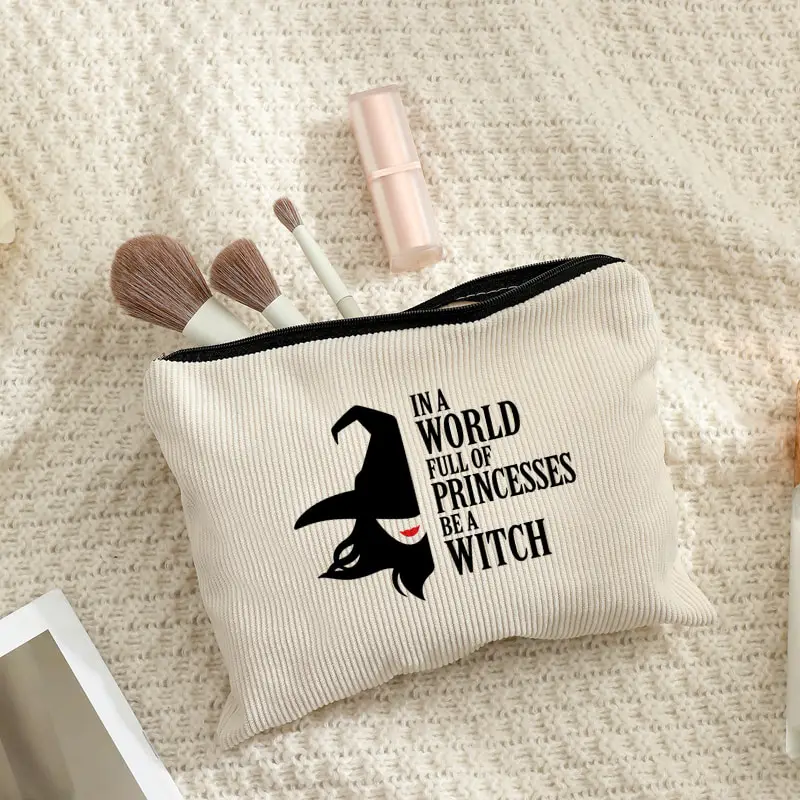 Halloween Witch Silhouette Corduroy Cosmetic Pouch Inspirational Quote Zipper Makeup Storage Purse for Ladies