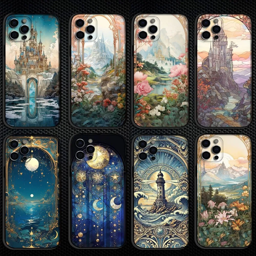 

Art Nouveau Drawing Of Astrology Architecture Phone Case For iPhone 16,15,14,13,12,11 Plus,Pro Max, Soft Silicone Black Cover