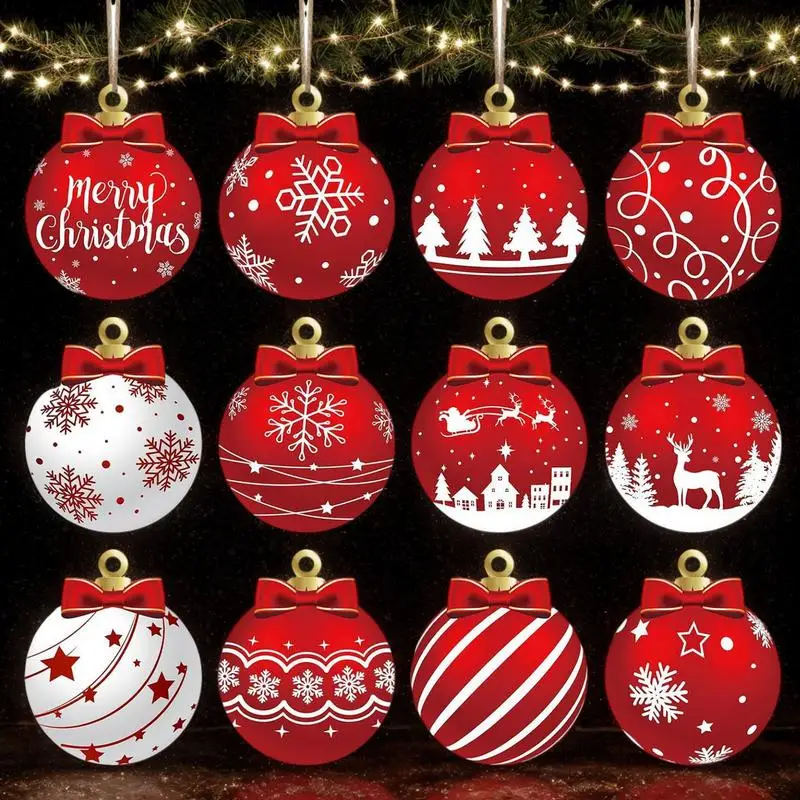 12pcs wooden Christmas Balls Decorations Christmas Tree Hanging Pendant Ornaments 2024 New Year Home Holiday Festive Party Decor