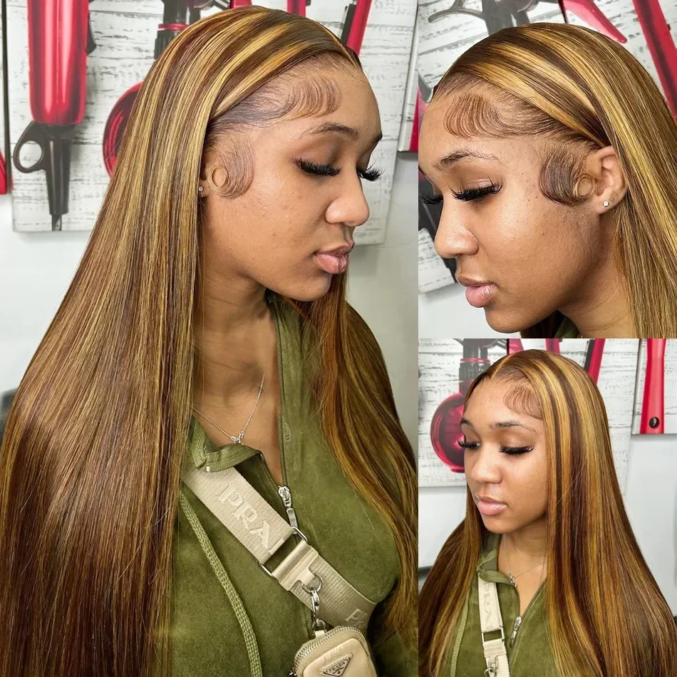 

Straight 24Inch Brazilian Highlight 4/27 Brown Blonde Color Lace Frontal Wig Transparent Lace Frontal Wig Pre Plucked For Women