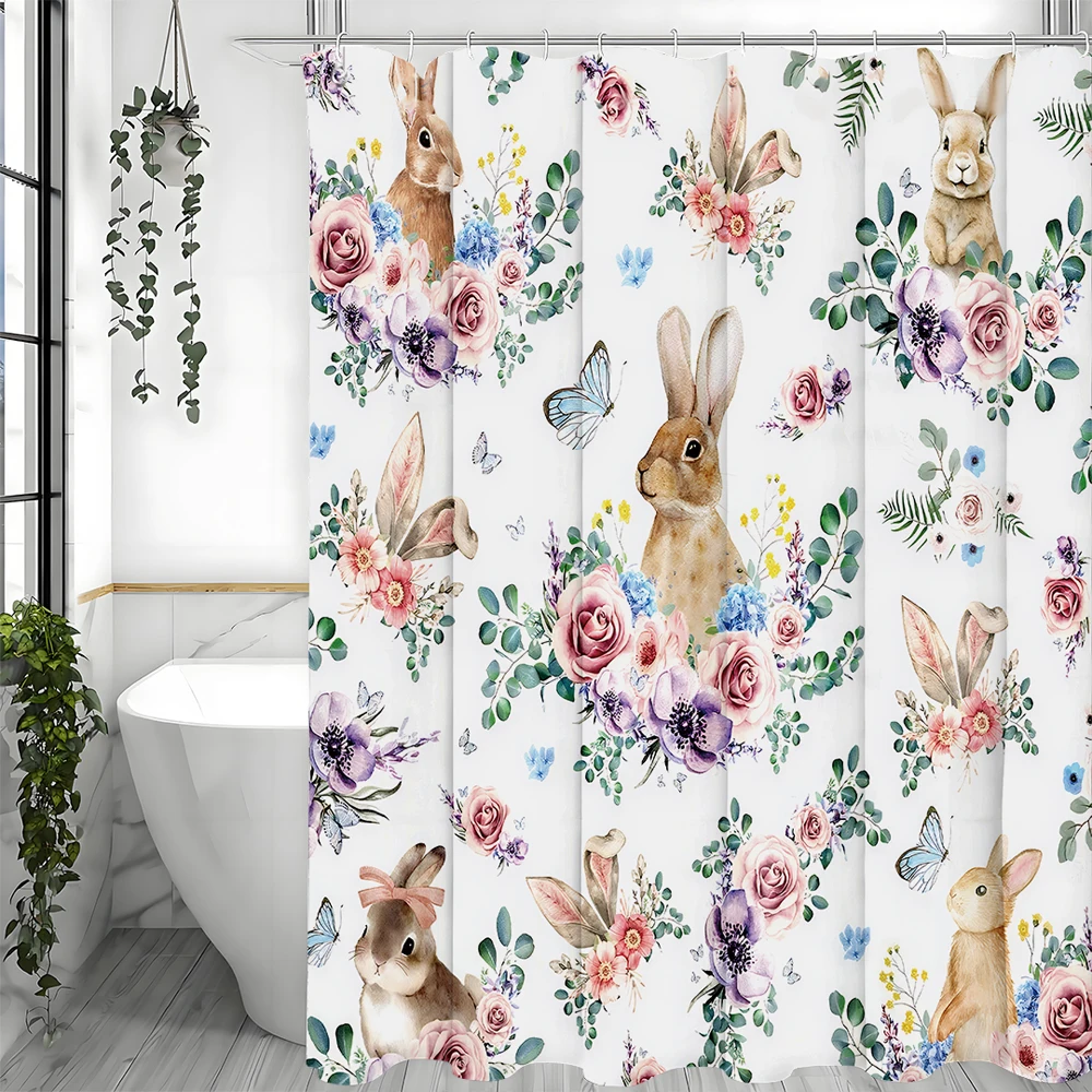 

Cute Bunny Shower Curtain, Cute, Floral, Butterfly, Spring Bathroom Decorative Shower Curtain, Waterproof Shower Curtain with Ho
