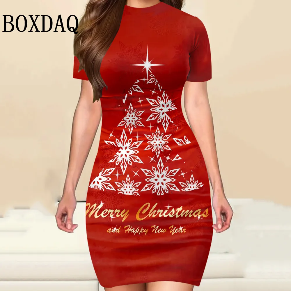 Christmas Tree Snowman Party Mini Dresses For Women 2025 Fashion Cute Sexy Slim Bodycon Dress Short Sleeve Casual 3D Print Dress