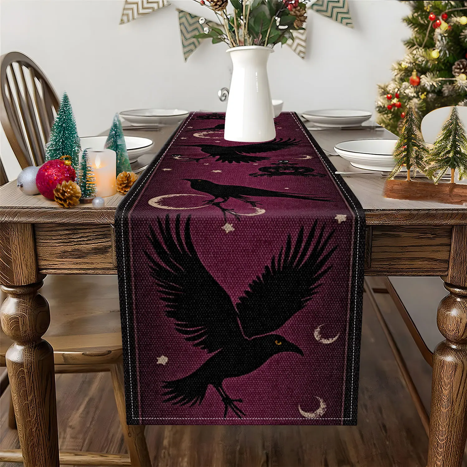 1 Piece Halloween Themed Table Runner with Crow, Star, Moon and Pumpkin Patterns for Party Table Decoration