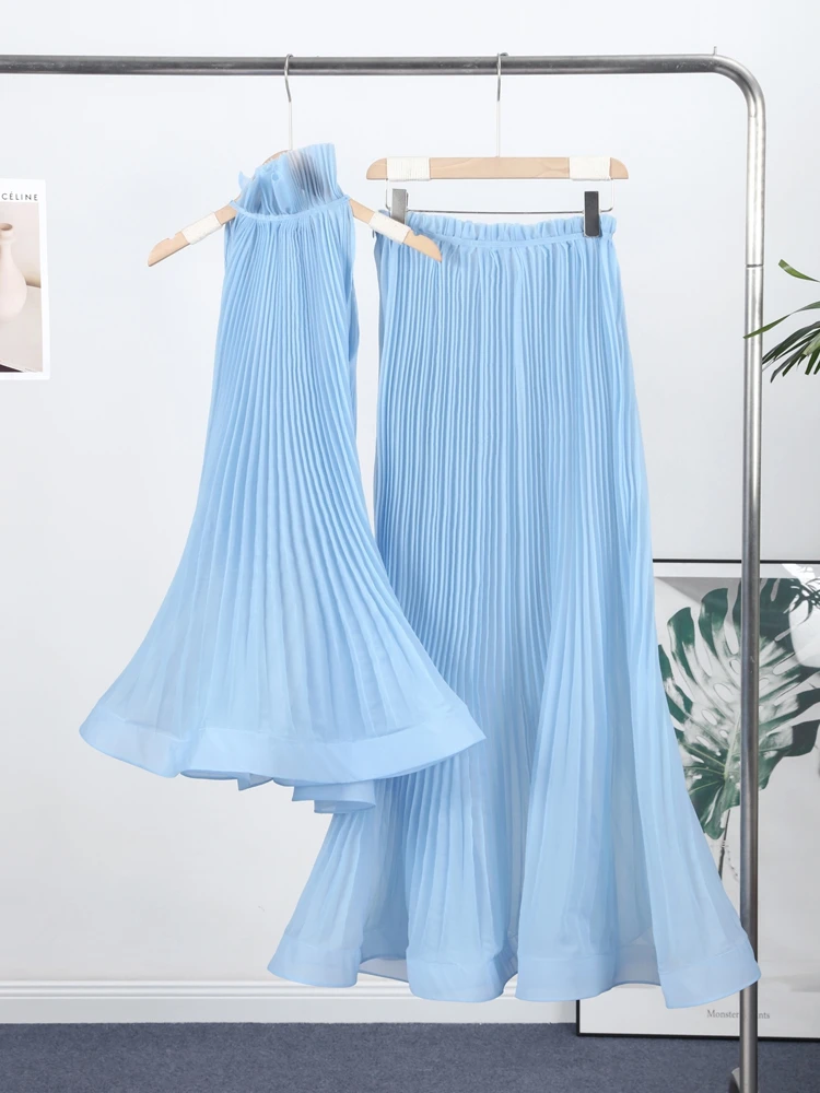 Elegant Halter Women's Top Skirts Suit Sleeveless Ruffles Pleated Long Skirt Lady Set 2026 Summer Autumn Set Women New