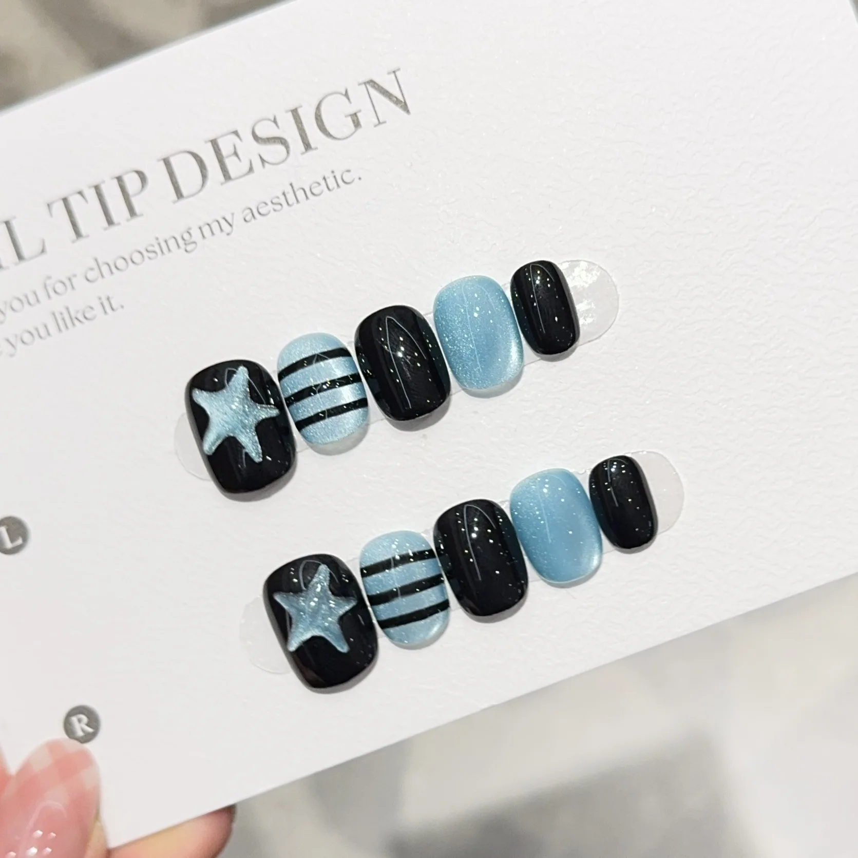 10PCS Blue Cat Eye Handmade Short Square Round Press on Nails Sweet Cool Star Stripes Patterns French Wearable Fake Nails Patch