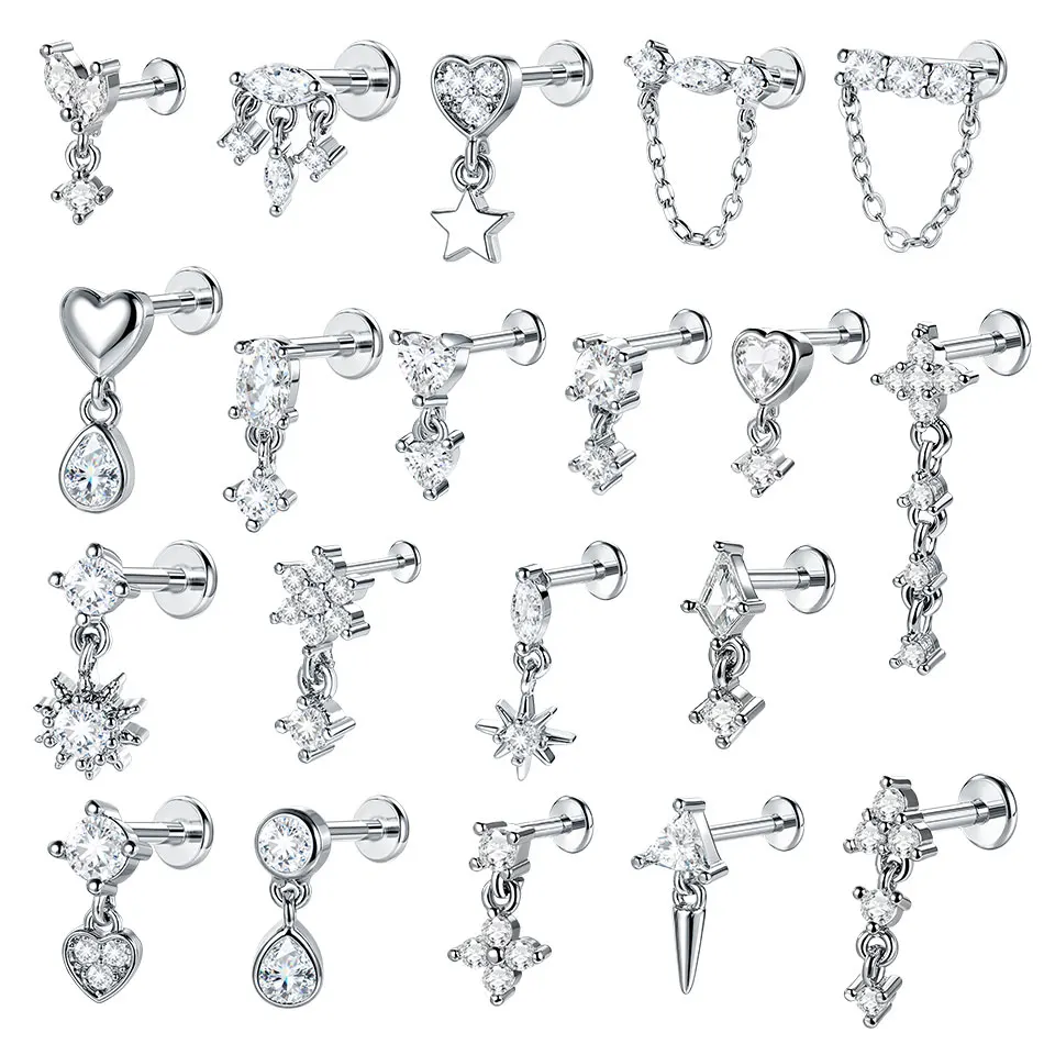1PC Steel & Copper Curved Bar Pendant Chain Dangle Cartilage Earrings Stud CZ Zircon Helix Labret Tragus Piercing Women Jewelry