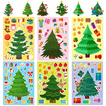 6 vellen/set kerstboomstickers kinderen handgemaakte doe-het-zelf puzzelsticker Maak een kerstboomstickers cadeaudecoratiesticker