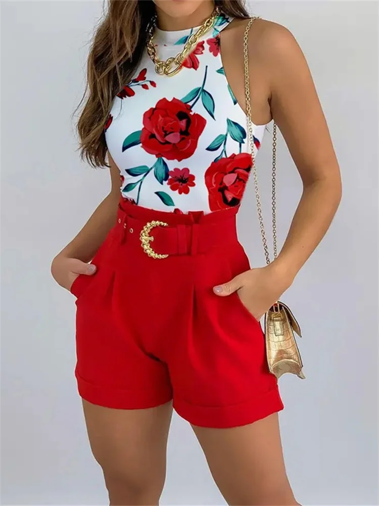 Women Fashion Summer Two Piece Set Sleeveless Floral Vest Shirts + Short Pants Female Elegant Y2k 2pcs Set Streetwear