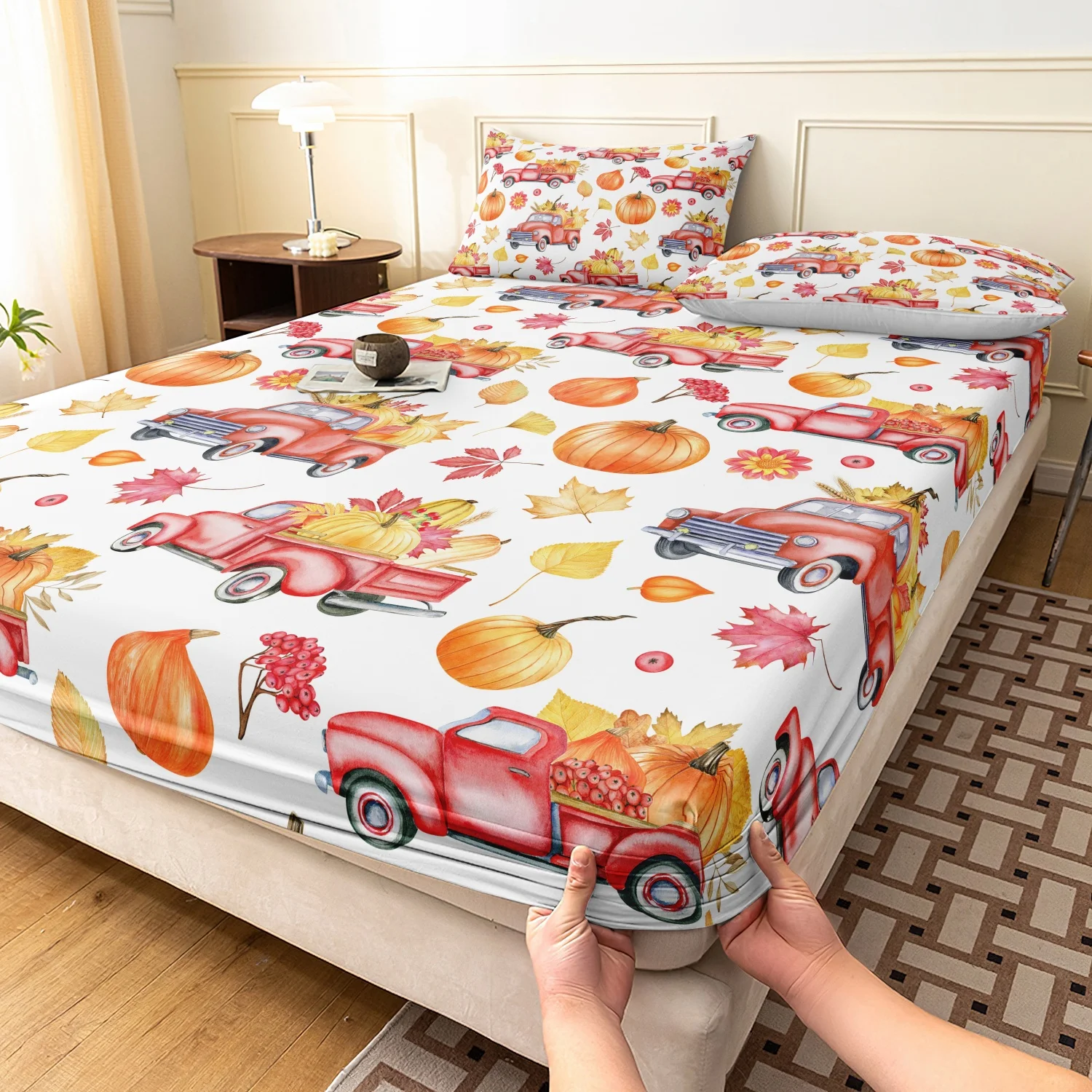 3 Pieces Vintage Red Truck Pumpkin Maple Leaf Print Fitted Sheet Set, Watercolor Autumn Harvest Floral Berry Print Bedding