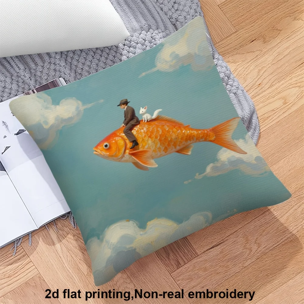 Surreal Flying Goldfish Throw Pillow Cover Man Cat Cloud Sky Printed Cushion Case Home Decor Pillowcase