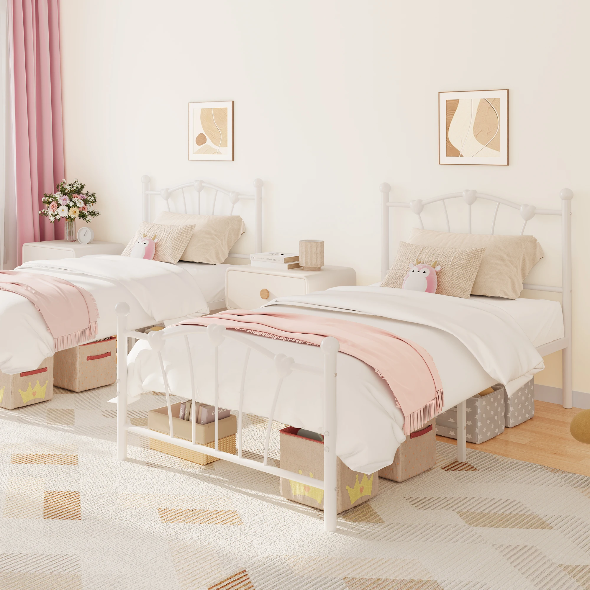 Metal Twin Single Bed Frame with Heart Headboard/Footboard - Platform with Sturdy, Silent Slats - Under-Bed Storage, No Box Spring - Ivory/White