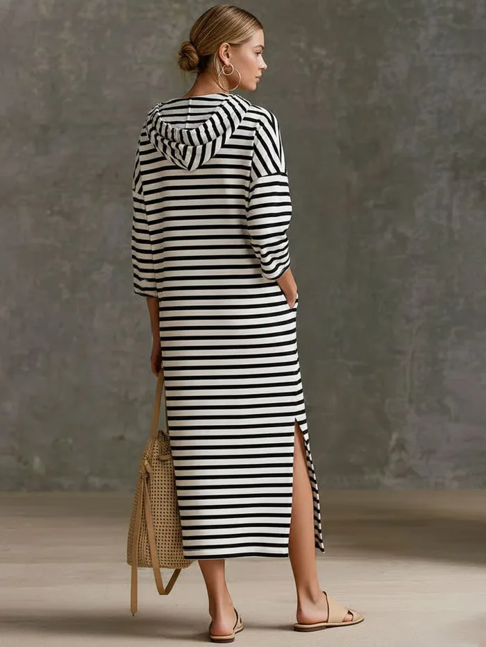2026 Autumn Striped Drawstring Hooded Women Midi Dress Female Half Zip 3/4 Sleeve Loose Casual T Shirt Dress Casual Long Dress