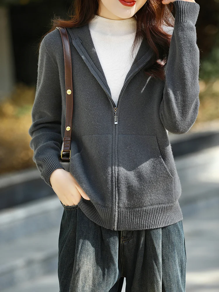

Spring Autumn Winter Zipper Hooded Cardigan Women 100% Merino Wool High Quality Casual Solid Sweater Female Top Knit Hoodie