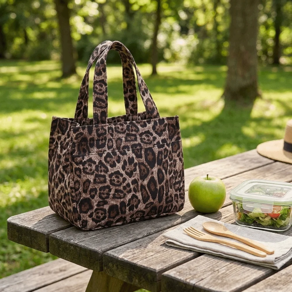 Vintage Leopard Print Leopard Print Lunch Bag Canvas Large Capacity Tote Bag Portable Multi Pocket Food Carrier Bag School