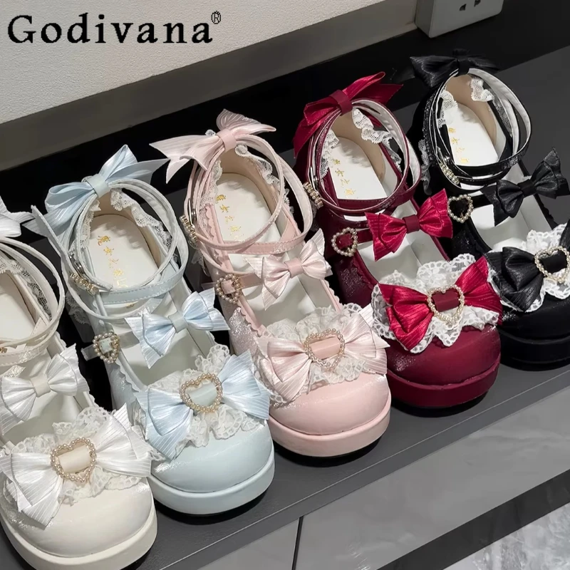 

Original Women's Sweet Pink Lolita Mary Jane Shoes Spring Summer New Cute Bow Lace High Heel Pumps Princess Party Cos Shoes