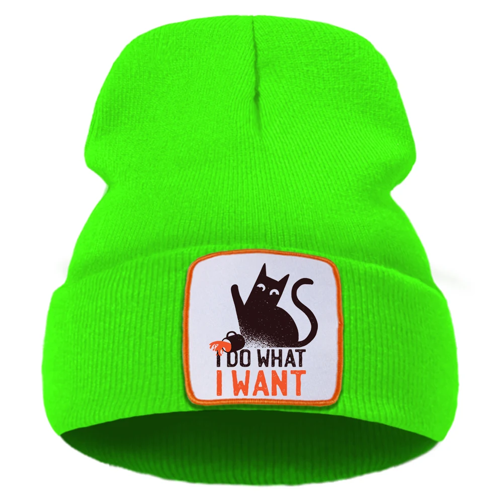 Funny Black Cat Anime I Do What I Want Prints Male Bonnet Simple Vintage Cap Casual Cartoons Kawaii Balaclava Mens Knitted Hats