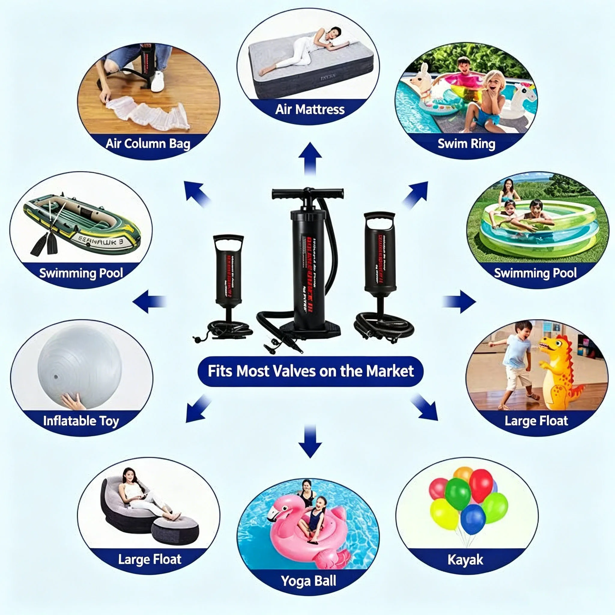 Double Quick Hand Air Pump Manual Inflate Deflate Pump Universal Nozzles for Air Mattress Kayak Swim Ring Inflatable Pool Camp