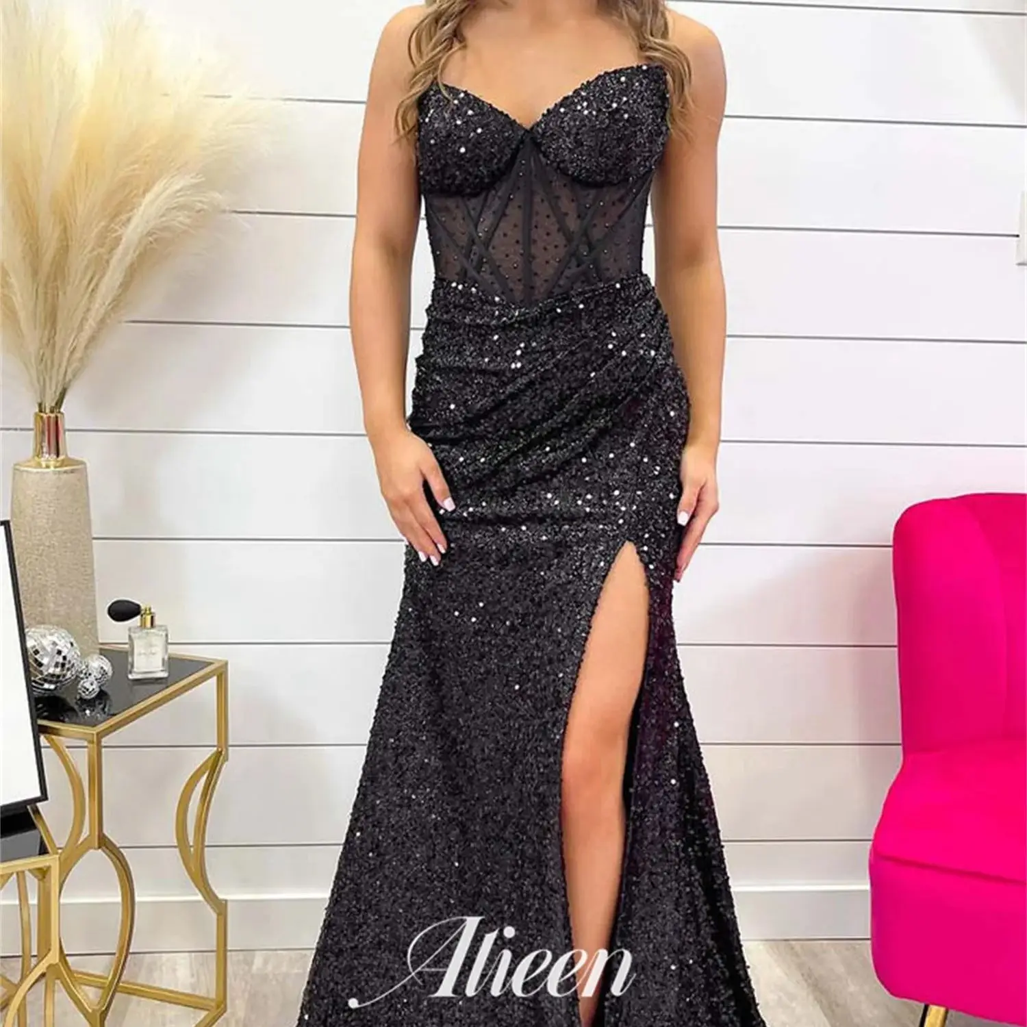 

Aileen Black Mermaid Bead Embroidery Chubby Elegant Party Dresses for Women 2024 Evening Woman Gala Prom Wedding Dress Luxury