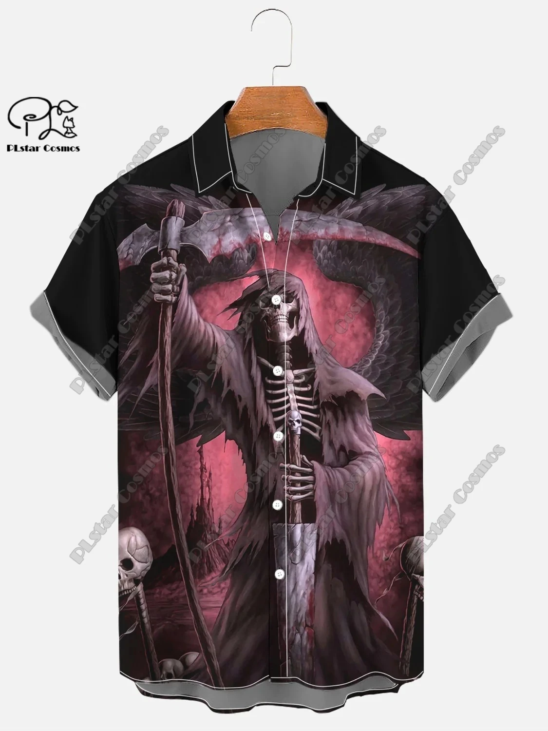 3D Printing Death Scythe Skull Halloween Hawaiian Shirt Summer Short Sleeve Shirt Unisex Shirt Oversized 5XL Halloween Gift SS-1