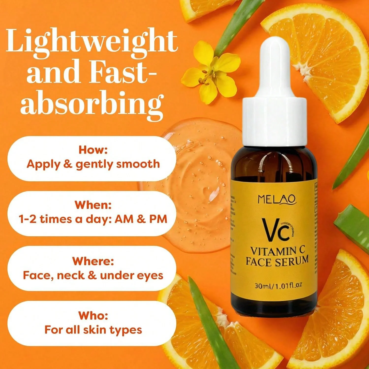 MELAO Vitamin C Face Serum, Brightening Facial Essence, Daily Skin Care Serum to Support Smooth, Even-Toned & Radiant Skin