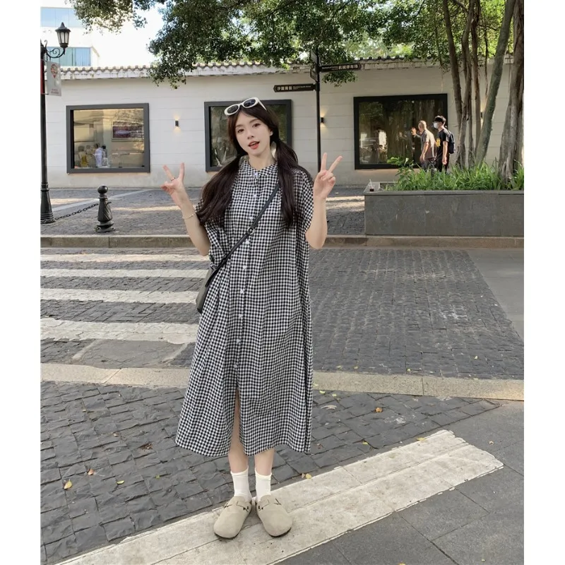 Maternity Plaid Shirt Dress Women Loose Midi Short Sleeve A-Line Spring New Korean Style Commute Polyester Fiber Long Skirt