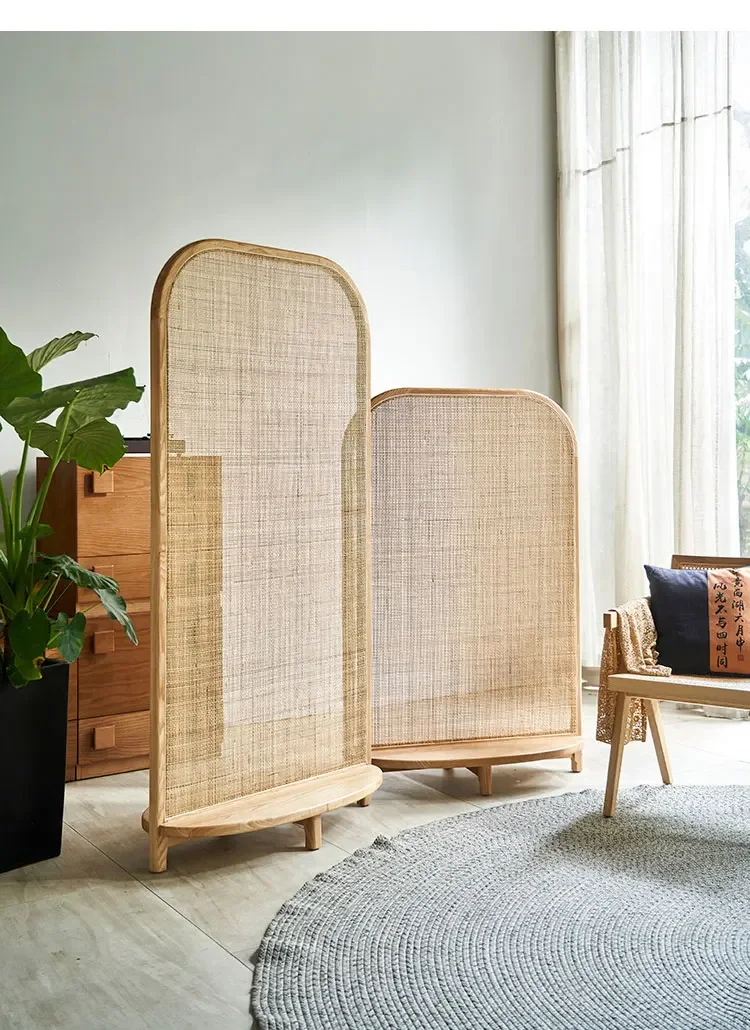 Retro Rattan Seat Screen Partition Wall Small Apartment Living Room Entrance Block Movable Silent Style Tea Room Screen