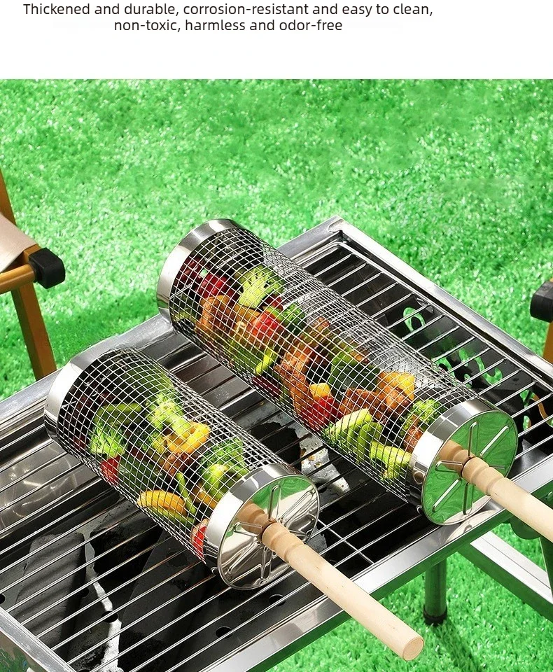 Rollender Grillkorb, Abnehmbarer Holzgriff, 304 Edelstahl, Stapelbare Grillwerkzeuge, Smoker-BBQ-Zubehör für Gemüse – Detail 4