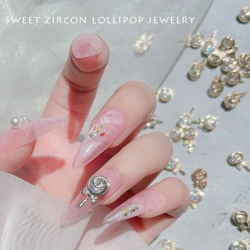 1Pc New Lollipop Zircon Nail Charms, Metallic Color Retaining Luxury Ornaments For DIY Stylish Press On Nail Decor