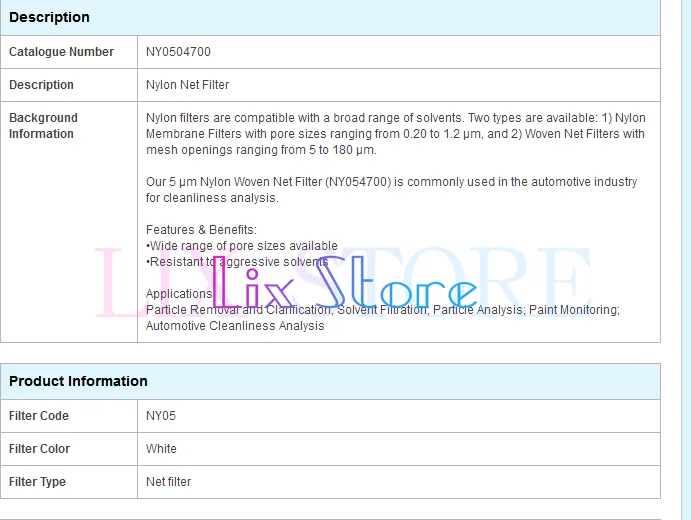 Nylon mesh filter NY0504700 Cleanliness detection 5um compatible with Millipore