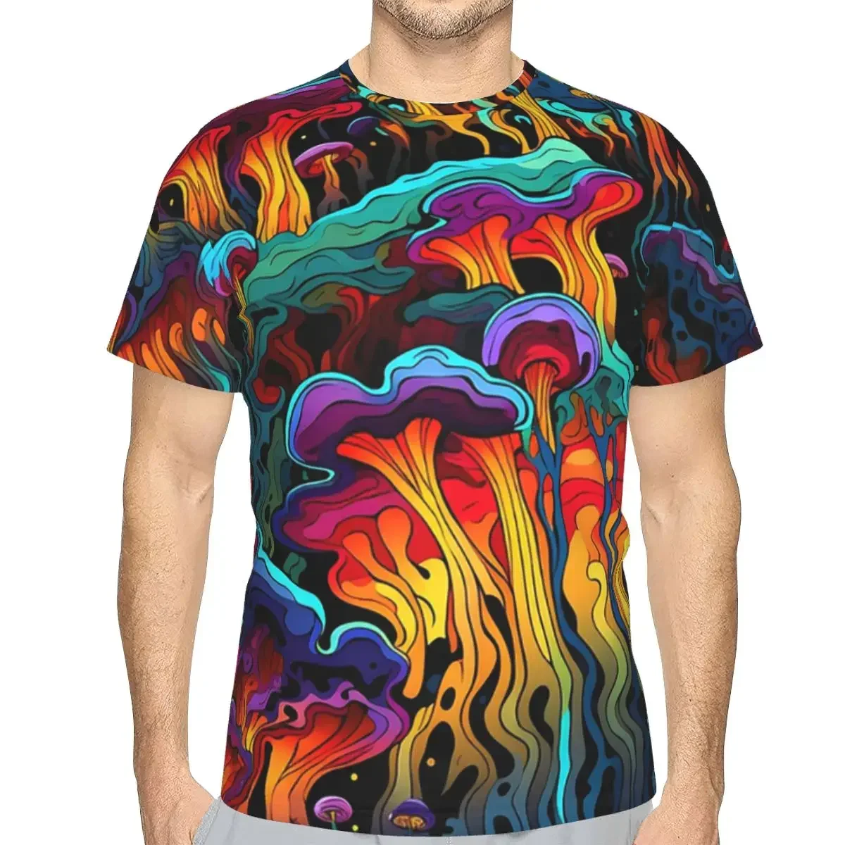 polyester Acid Trippy Weird Psychedelic Wavy Mushroom T-Shirt Men's Funny T Shirt Men Crew Neck Summer Shirts Tops