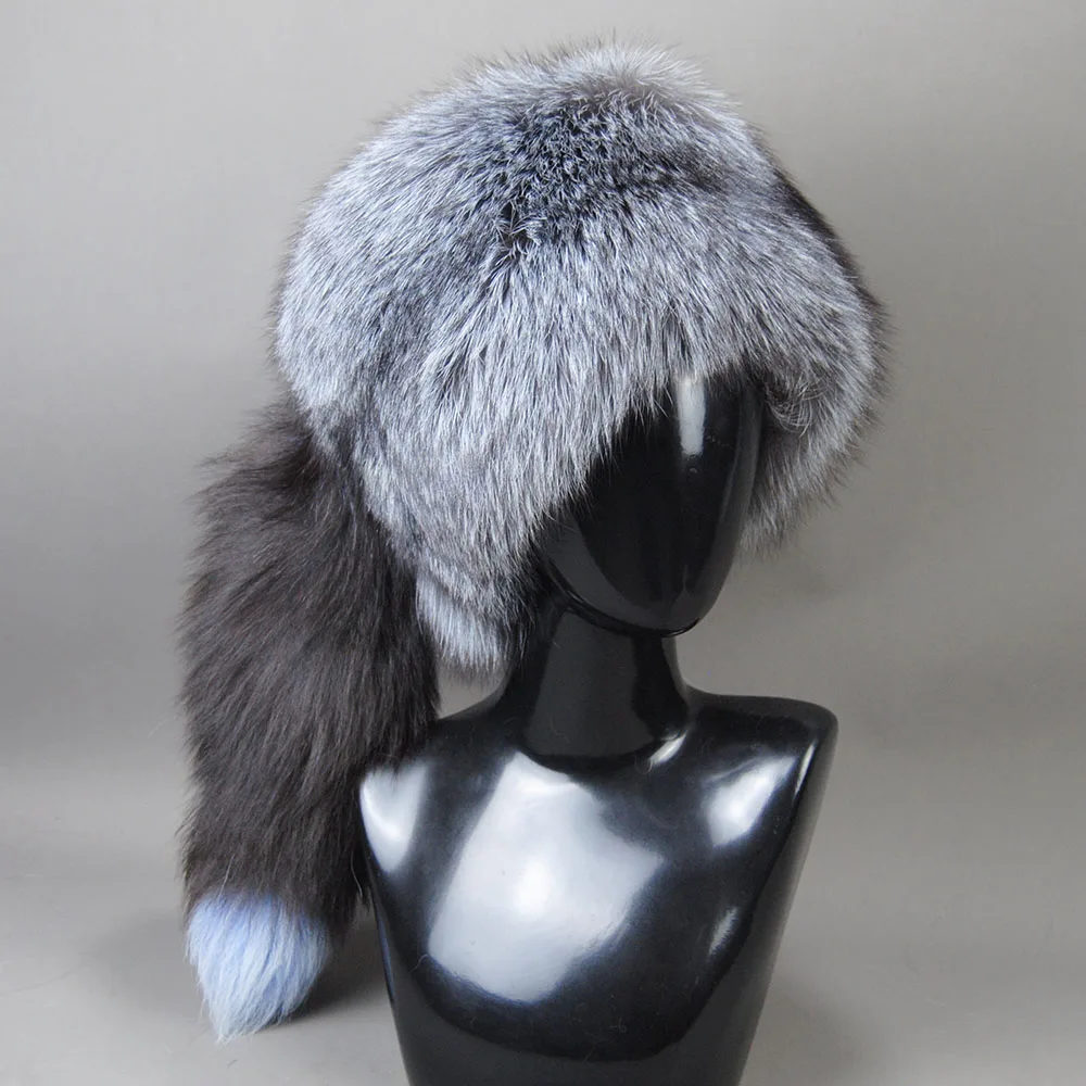 

Thickened Snow Outdoor Russian Style Winter Cap For Women Handmade Warm Fluffy Outdoor Female Natural Fox Fur Tail Ushanka Hat