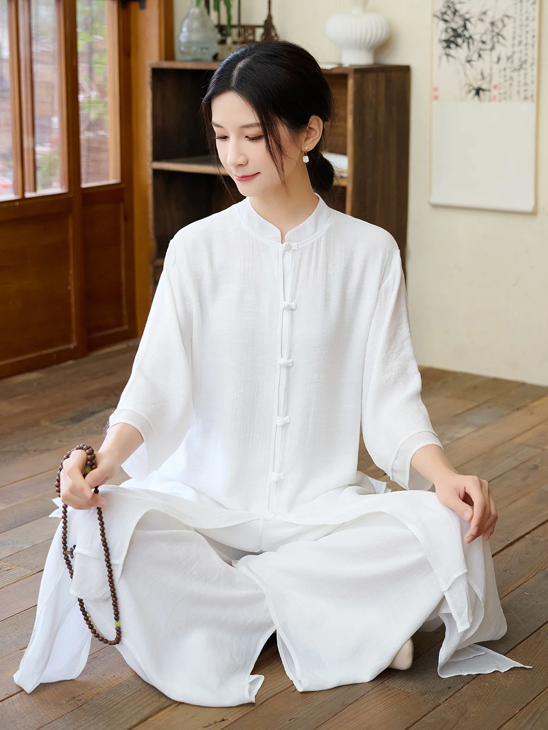 

Summer Cotton Linen Tai Chi Practice Clothes Women's Meditation Sitting Zen Style Vegetarian Clothing Two-Piece Set