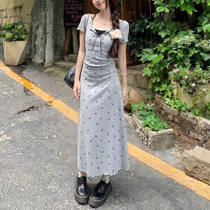 Fake Two Pieces Lace Spliced Mini Long Dress Female Clothing Elegant A-Line Waist Summer Fashion Printed Korean Casual Dresses