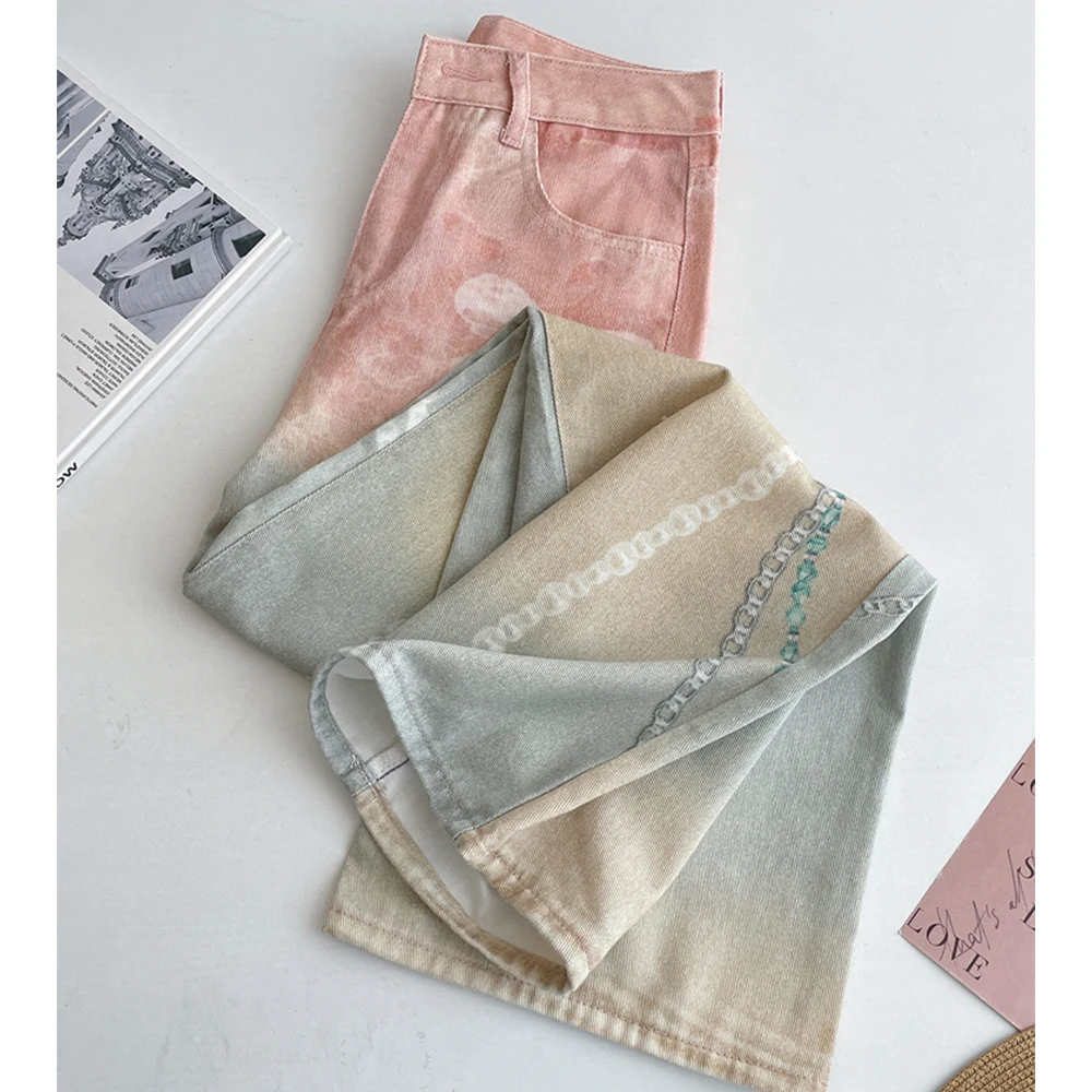 Sweet Printing Denim Pants for Women High Waist Casual Wide Leg Straight Trousers 2025 Autumn Chic Design Versatile Jean Pants