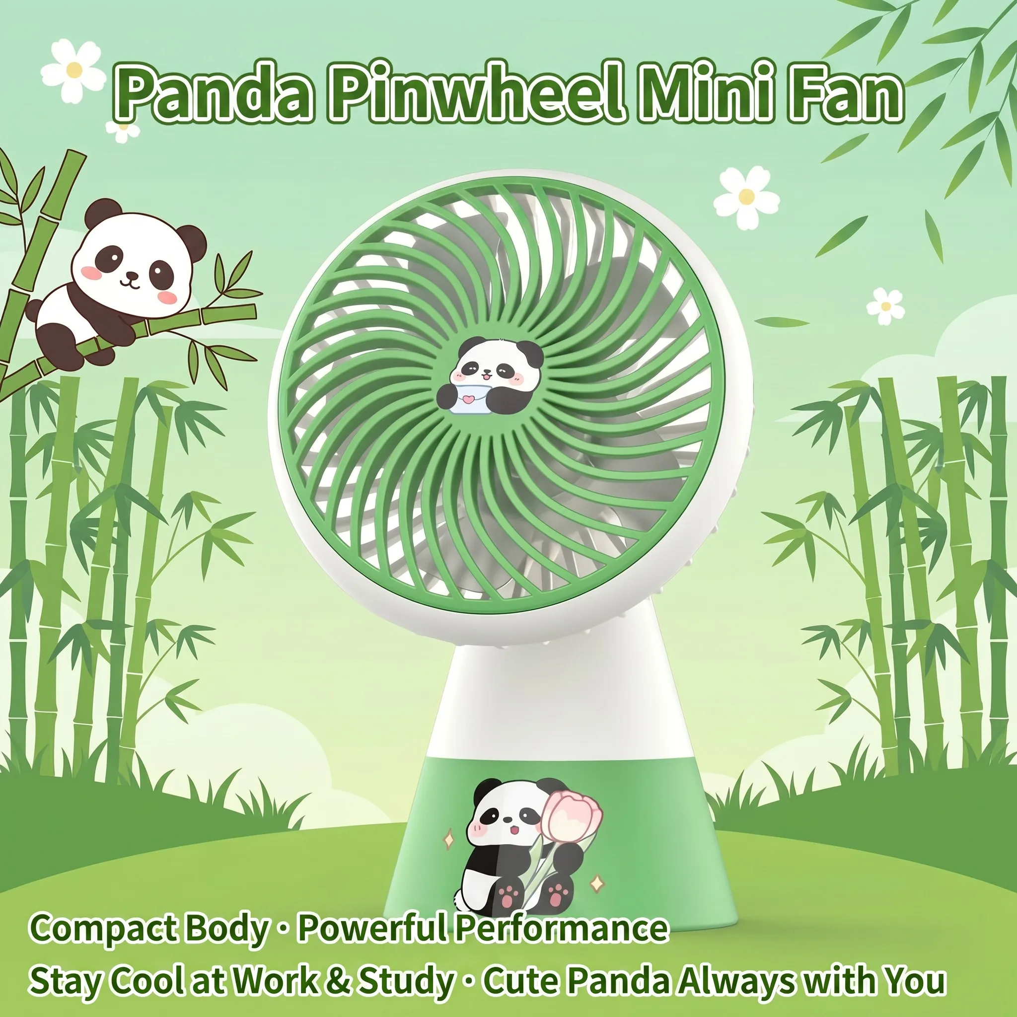 Cute Panda Pinwheel Mini Fan USB Rechargeable 90 Degree Adjustable Head Quiet 1 Speed 4 Random Blind Box Designs Desktop Fan
