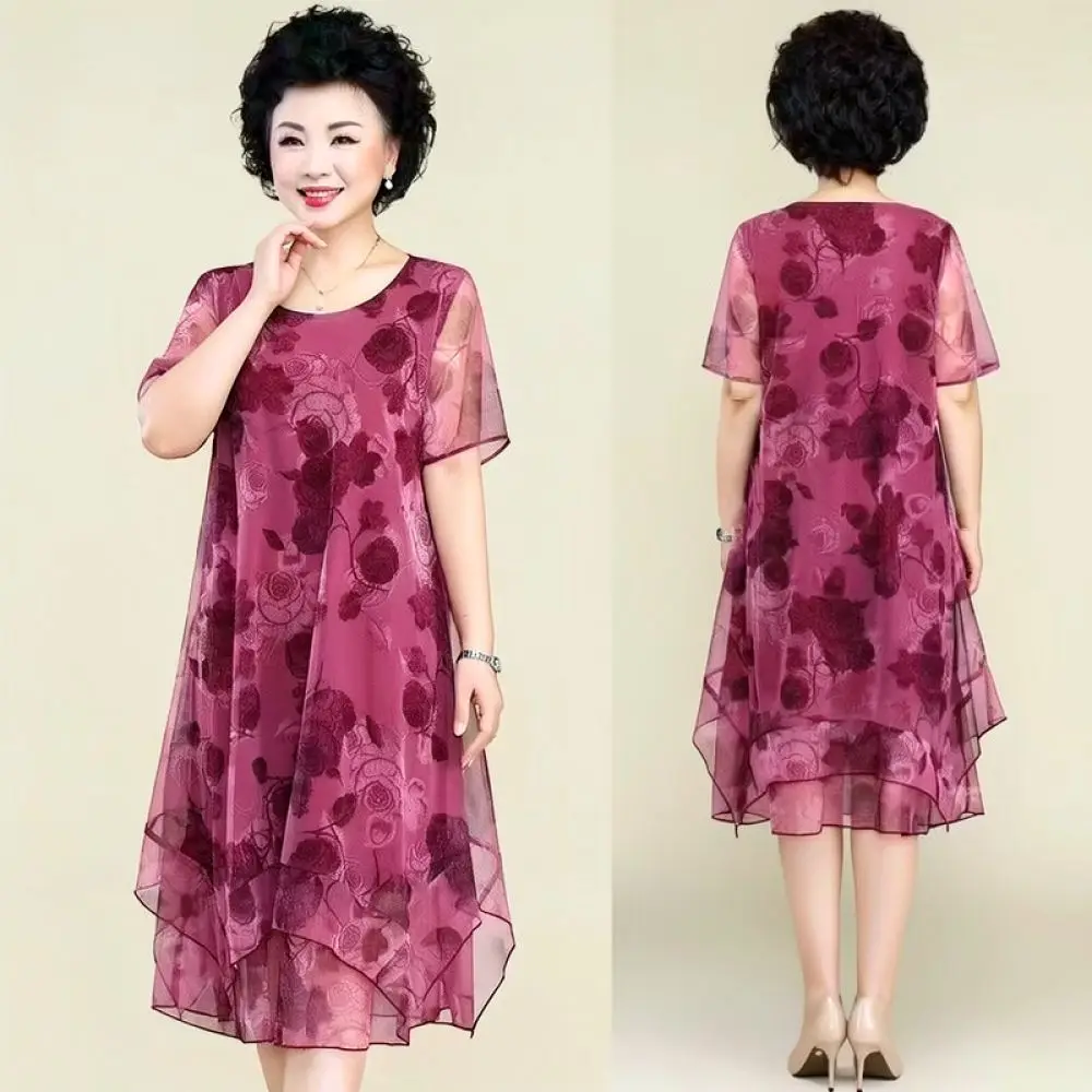 Casual Floral Mesh Midi Dress Women Plus Size Loose Fit Short Sleeve Elegant Summer Clothing A Line Silhouette