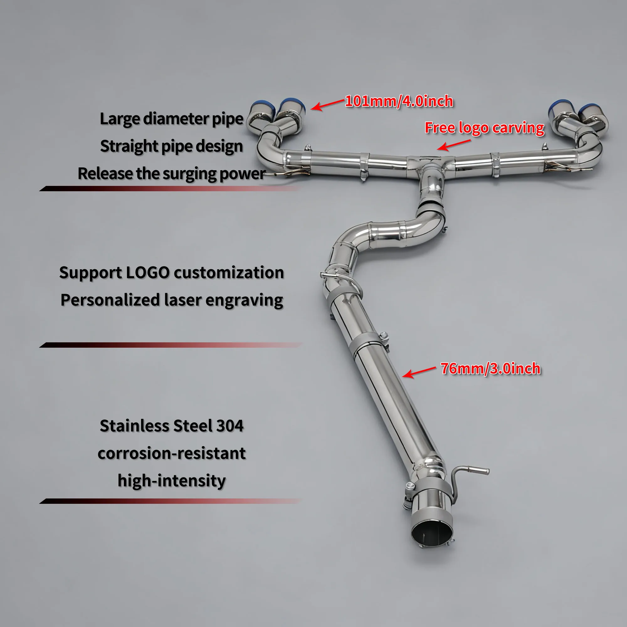 HEO 76mm/3.0INCH High Performance Exhaust System Catback For Golf R MK8 2.0T Catback Exhaust System SUS304 Electroplating Tips