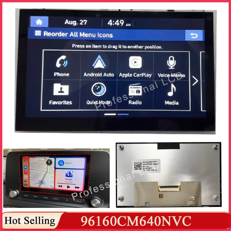 Original 8 Inch LCD Display Touch Screen For HyundaiKona / Kona EV 2022 2023 DA333J9EP 96160-K4600 96160CM640NVC Car Navigaiton