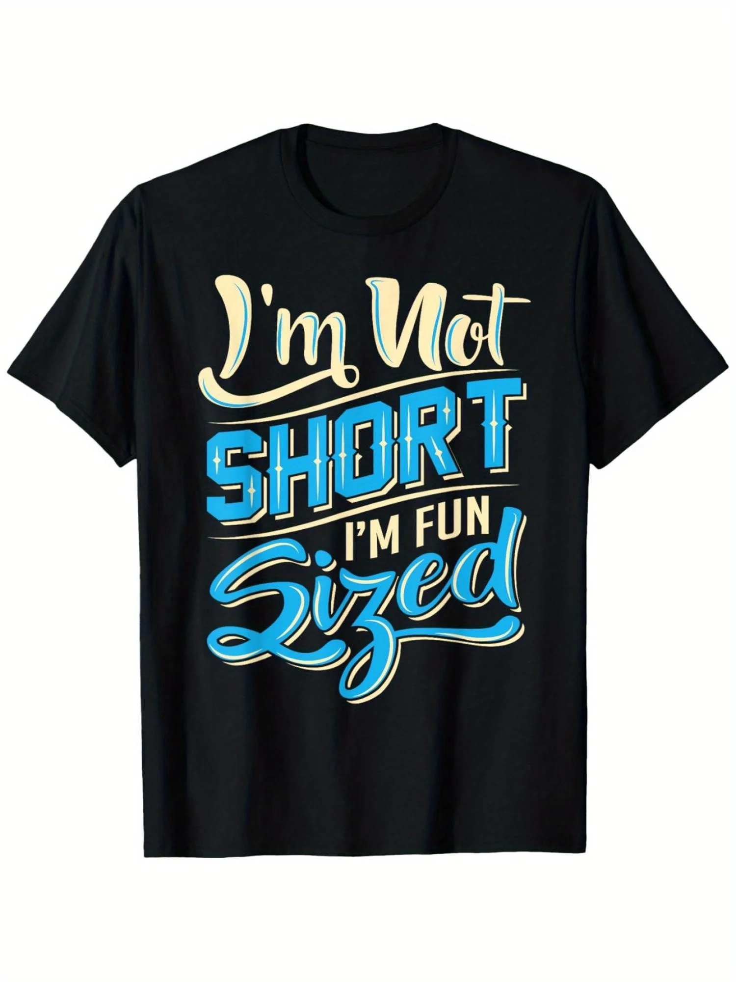 

Футболка с забавным рисунком «I'm Not Short I'm Fun Sized», черная хлопковая футболка с яркими синими и желтыми надписями, обычный крой с круглым вырезом