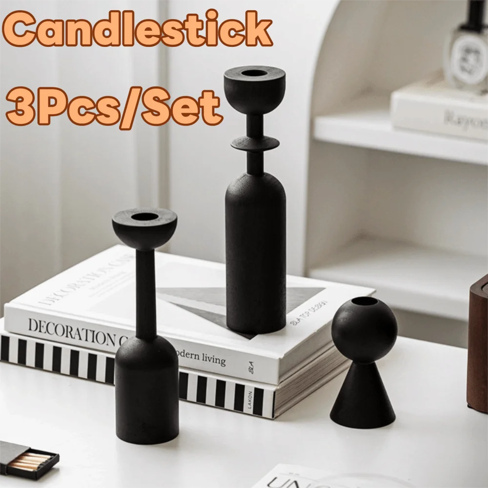 

3Pcs/Set French Style Wooden Candle Holder Minimalist Vintage Candlestick Ornament Geometric Aesthetics Multi-Size
