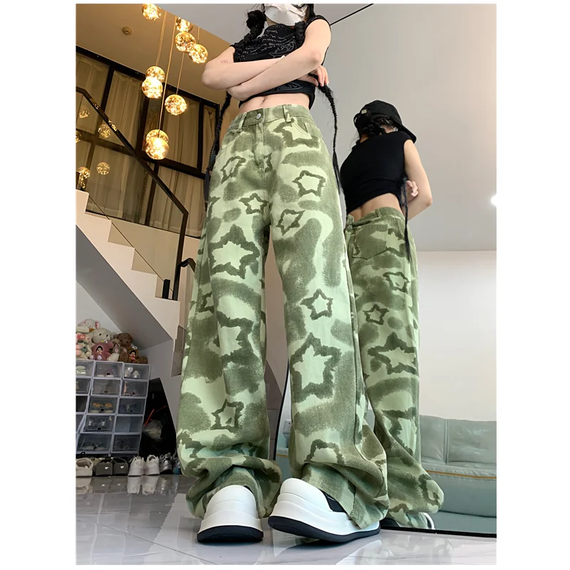 Green Womens Jeans High Waist Vintage Straight Baggy Denim Pants Streetwear American Design Sense Fashion Wide Leg Denim Trouser