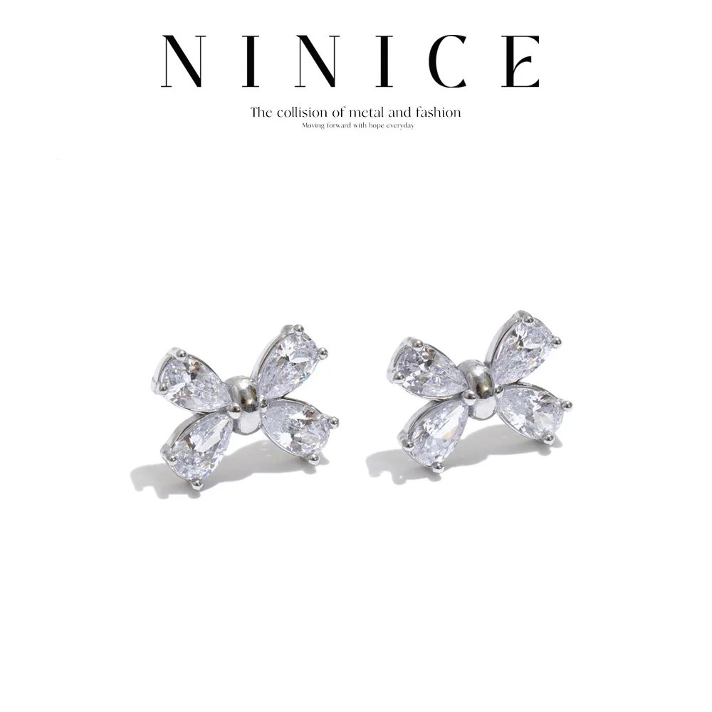 NiNice Stainless Steel Stud Earrings for Women Cubic Zirconia Bowknot Small Korean Style Sweet Jewelry Accessories