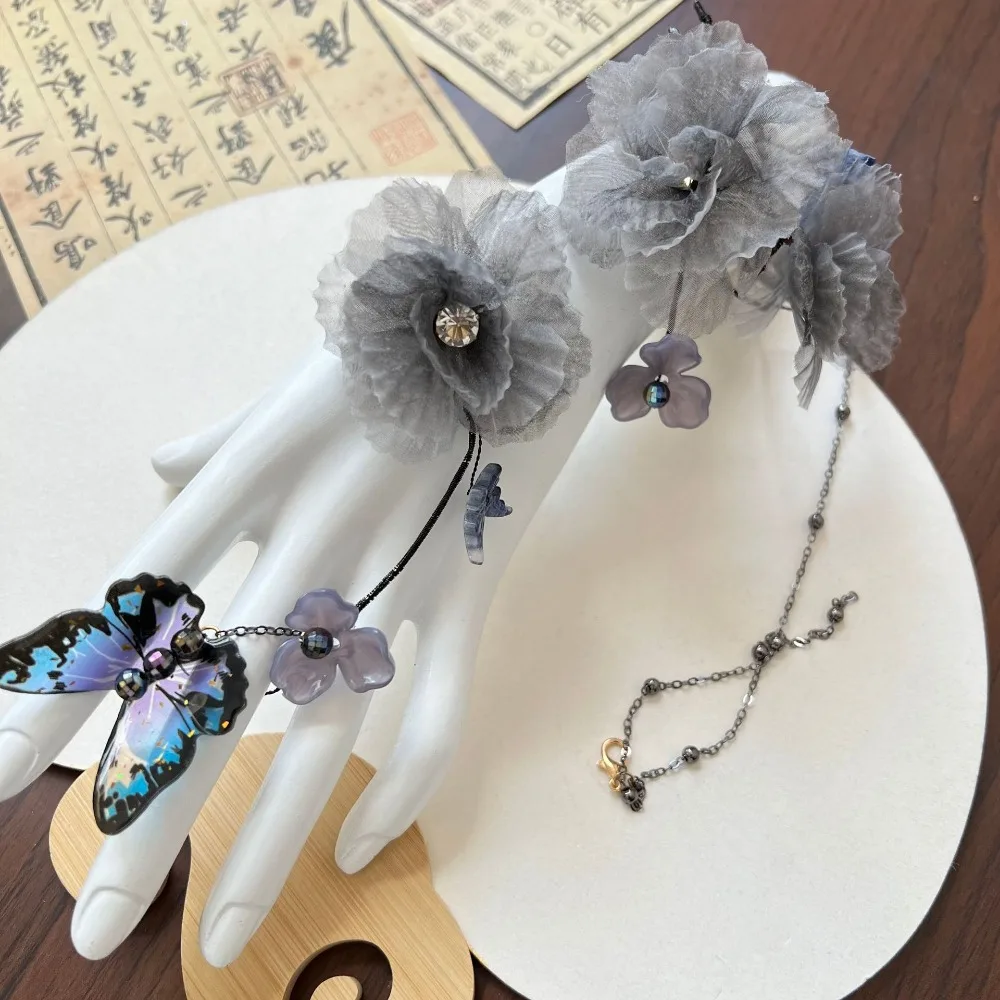 New Chinese Vintage Bracelet Gray Embossed Floral Cuff for Hanfu Ethereal Oriental Adjustable Bangle Bohemian