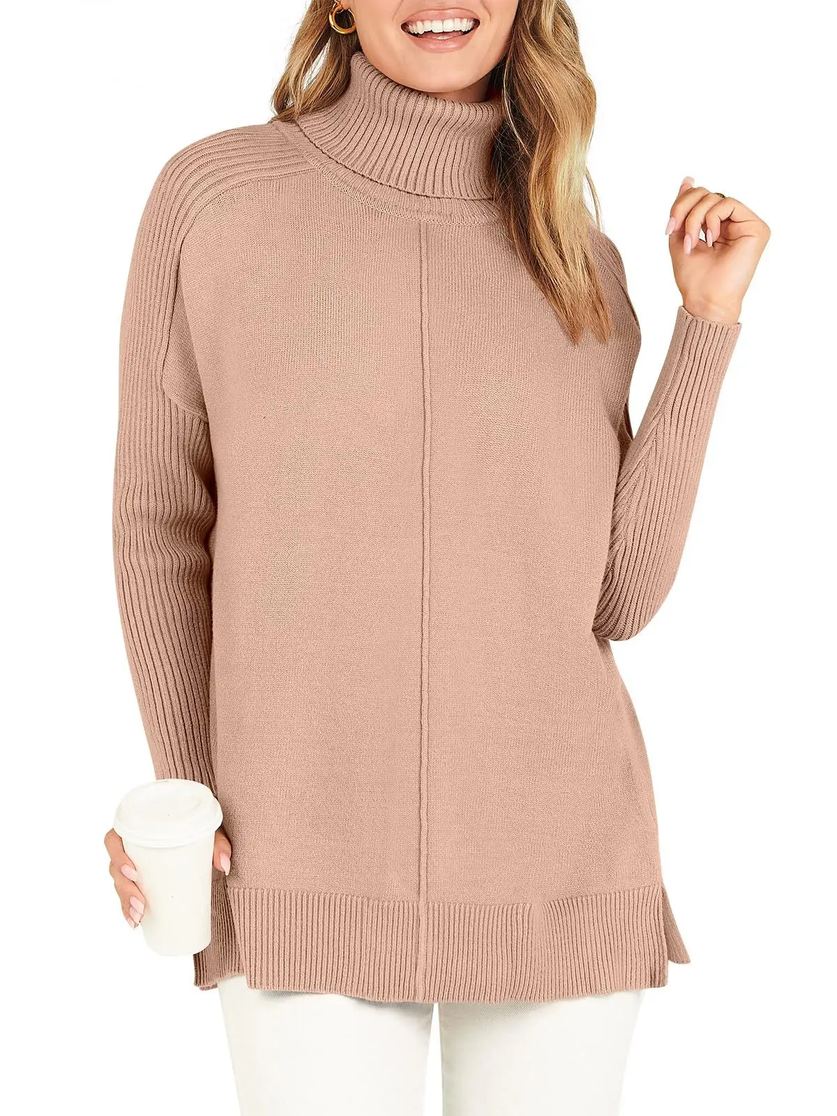 Elegant Long Sleeve Casual Split Knit 2023 Autumn/Winter New Warm High Neck Loose OL Commuter Fashion Sweater for Women