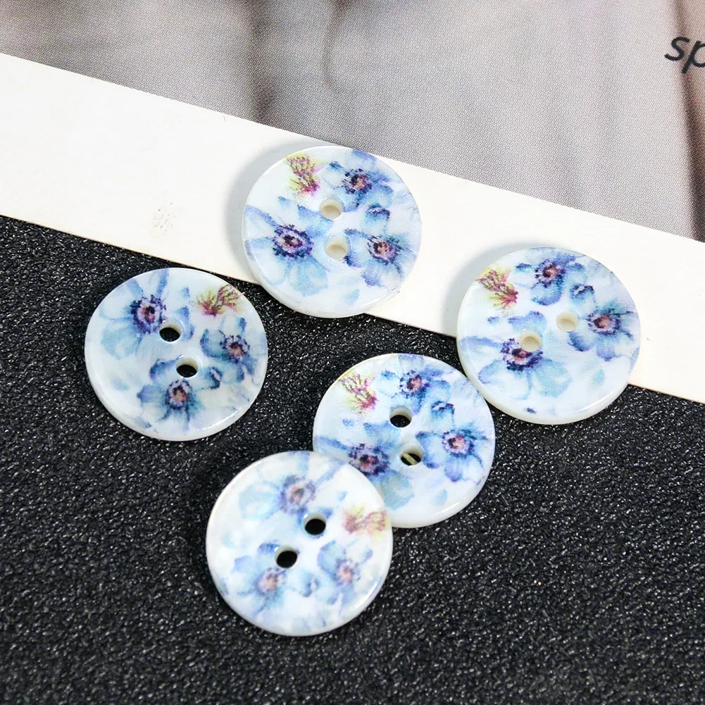 5PCS Blue Forget-me-not Peony Flower Real Mother of Pearl Shell 2-holes Flatback Round Buttons DIY Shirt Cufflinks Sewing Crafts