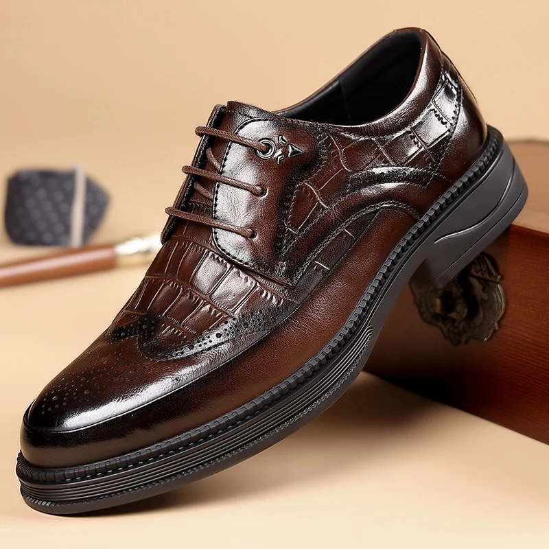 

High Quality Men's New Lace Up Business Casual Leather Shoes Fashion Brand Men's Autumn Comfortable Carved Blok Trendy Shoes