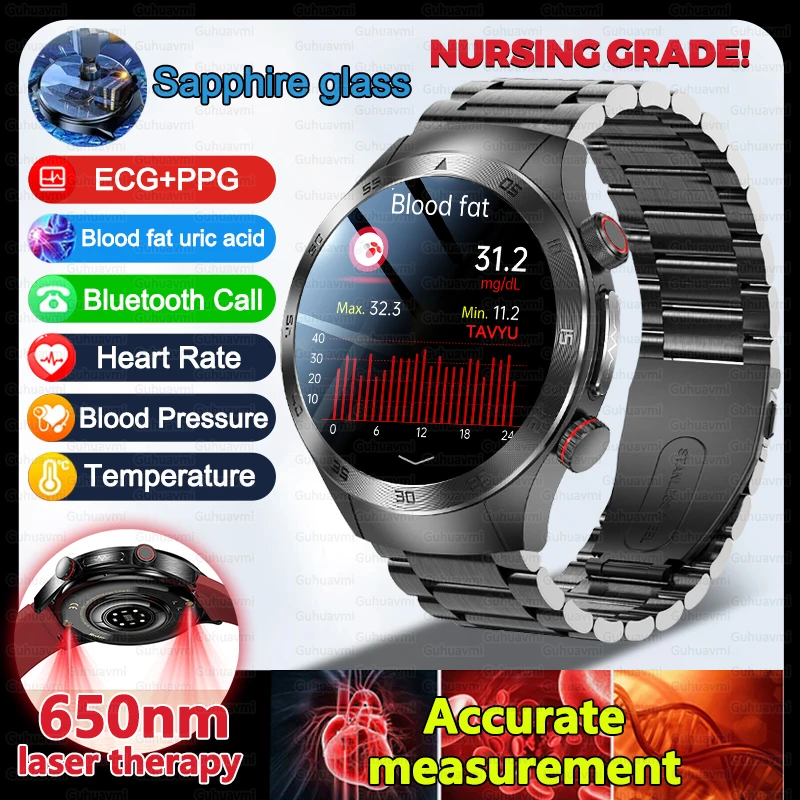 

2026New Blood Lipid Uric Acid Health Smart Watch Men ECG 650nm Laser Therapy Blood Pressure Bluetooth Call Health Smart Bracelet