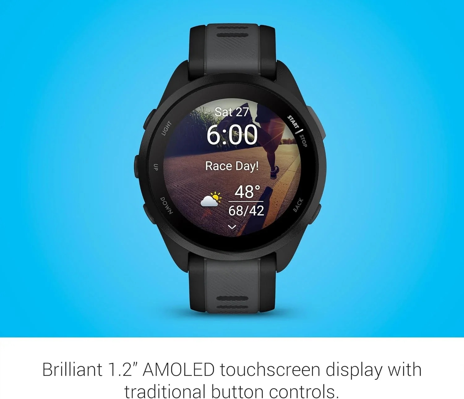 muebles de exterior Forerunner 165, reloj inteligente para correr, pantalla AMOLED colorida, medios de entrenamiento y aislamientos de recuperación, negro