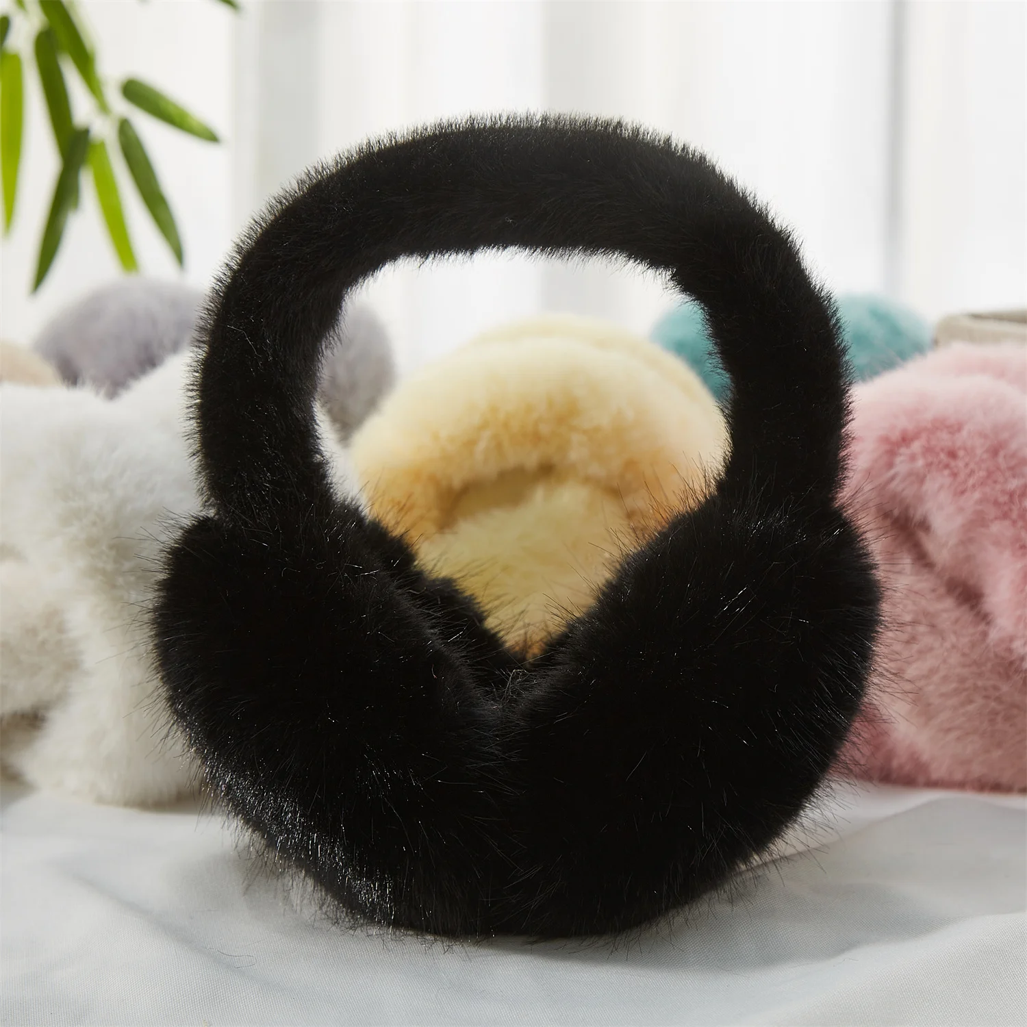 Anjj Foldable Earmuffs Winter New Fashion Simple Black Long Faux Rabbit Fur Earmuffs for Woman Man 2024 Christmas Party Gifts